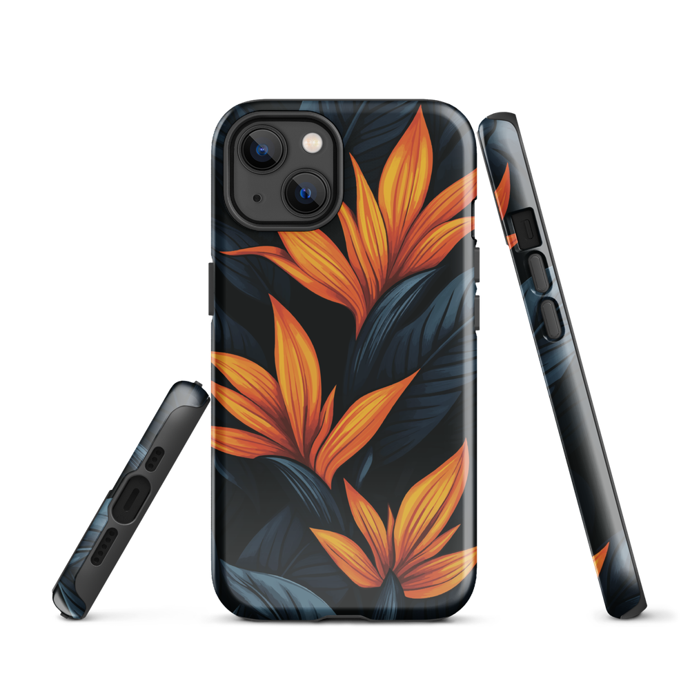 Phone case with bold orange bird of paradise flowers on dark background.