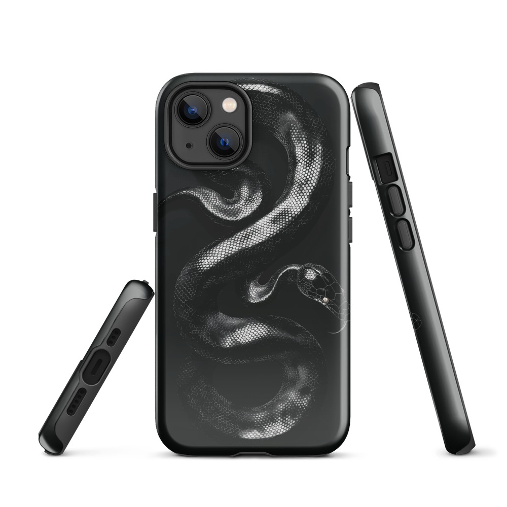 Phone case with detailed black python design on dark background.