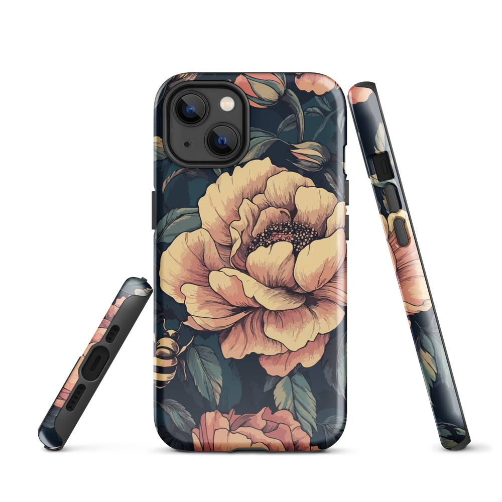 Phone case with vintage-style pink roses and bees on dark background, floral New Zealand artwork.