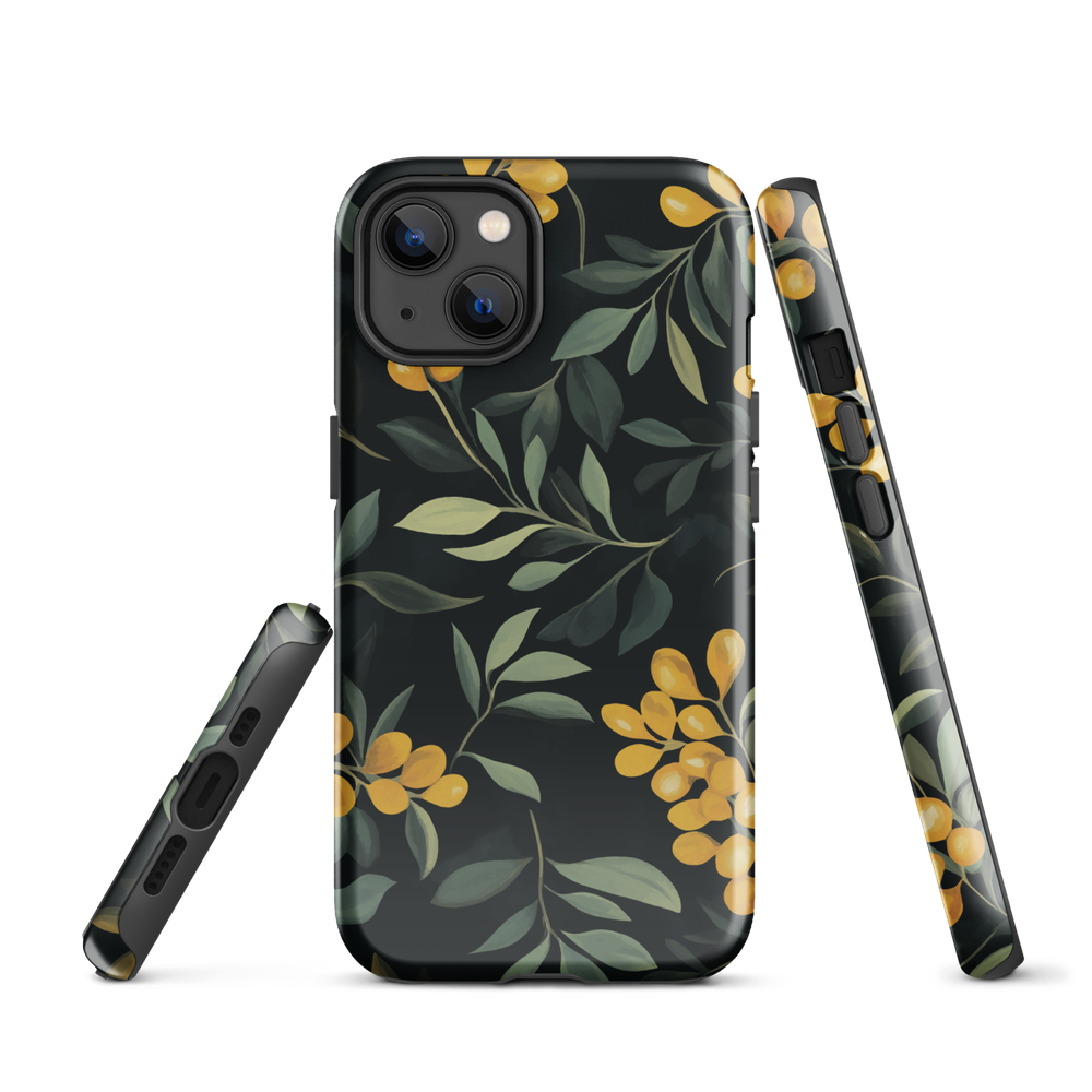 NZ Kowhai phone case with native yellow floral and green leaves on black background by designer Ben Hart.