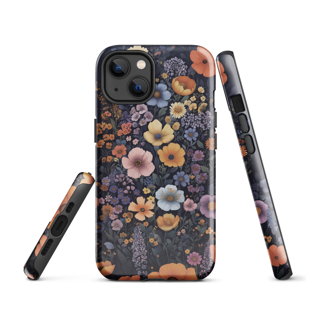 Phone case with colourful wildflowers on dark background, floral art design
