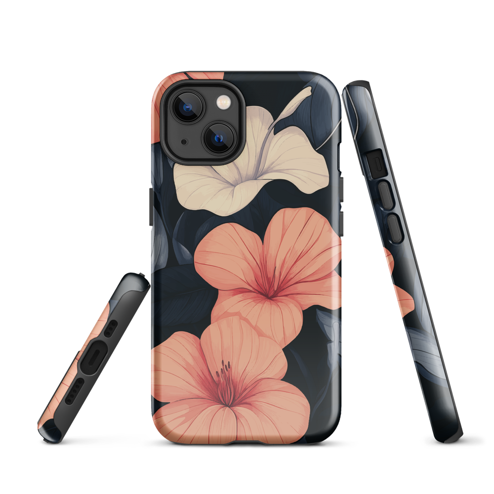 Phone case with coral hibiscus flowers and ivory blooms on dark background