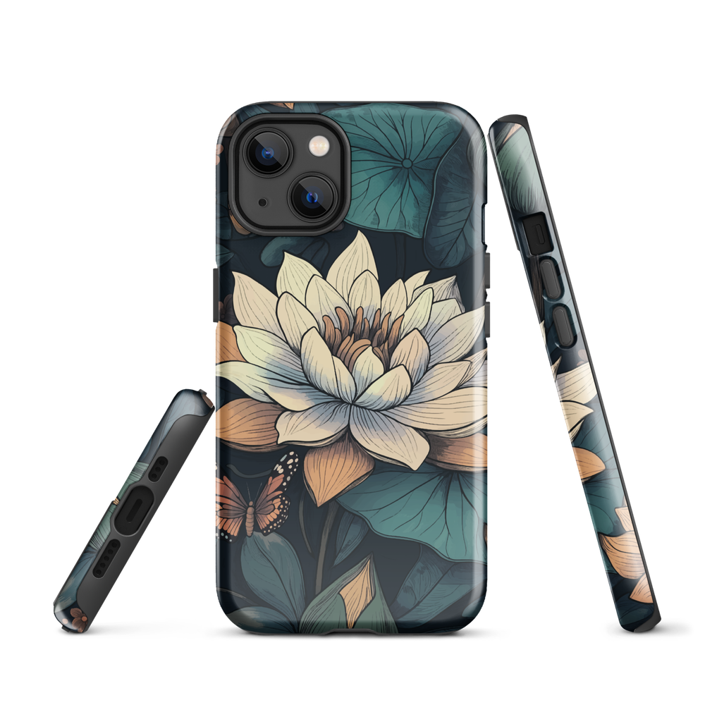 Phone case with ivory water lily, green leaves, and butterfly accents on dark background