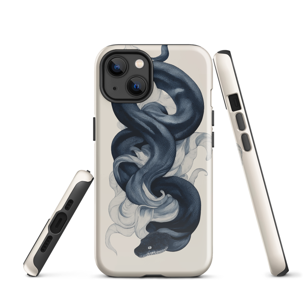Phone case with black python and smoke design on cream background