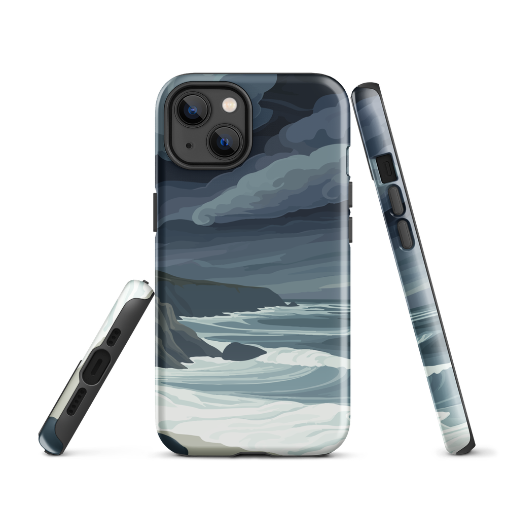 Phone case featuring moody Cape Kidnappers coastline with crashing waves and dark skies