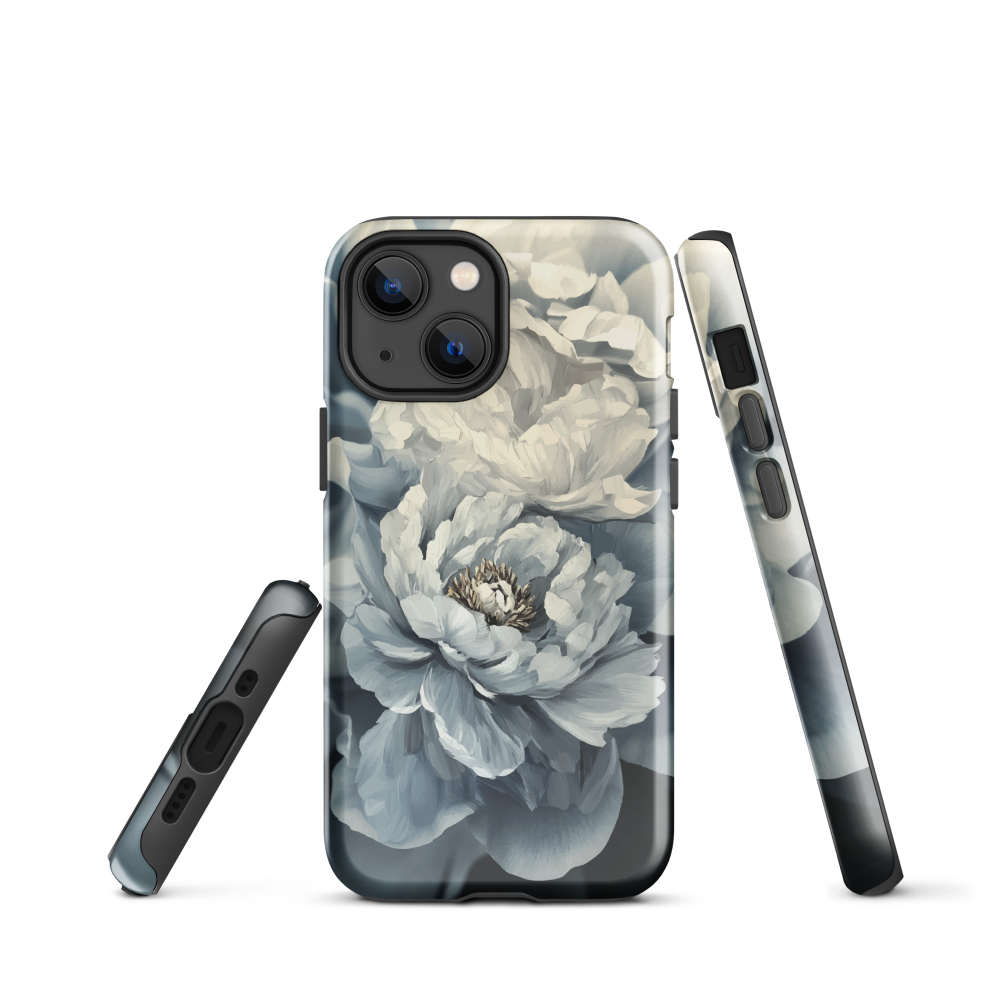 'Whisper' iPhone case features a stunning close-up of softly painted peony blooms in dreamy shades of ivory, grey, and smoky blue.