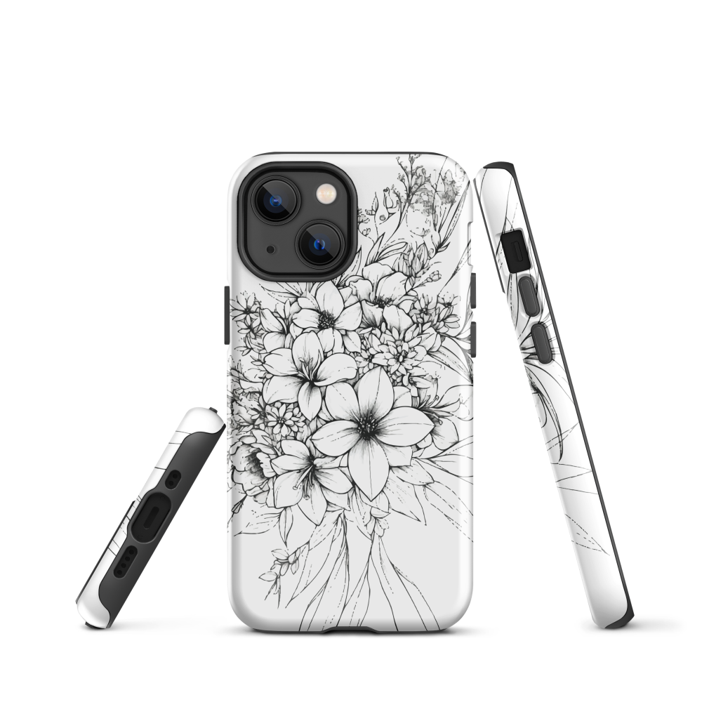 Black and white floral phone case with hand-drawn lilies and wildflowers