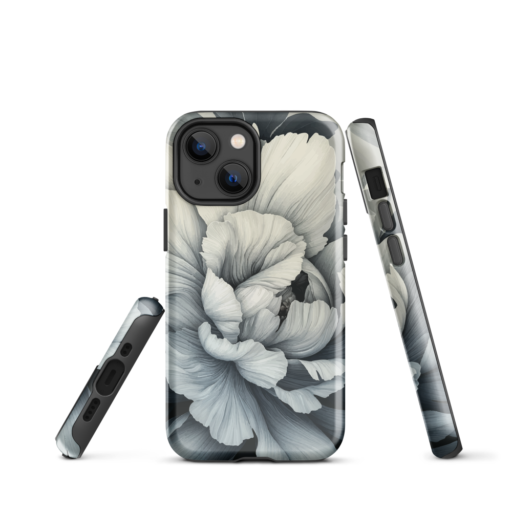 Black and white floral phone case featuring a soft, moody peony design by New Zealand artist Ben Hart.
