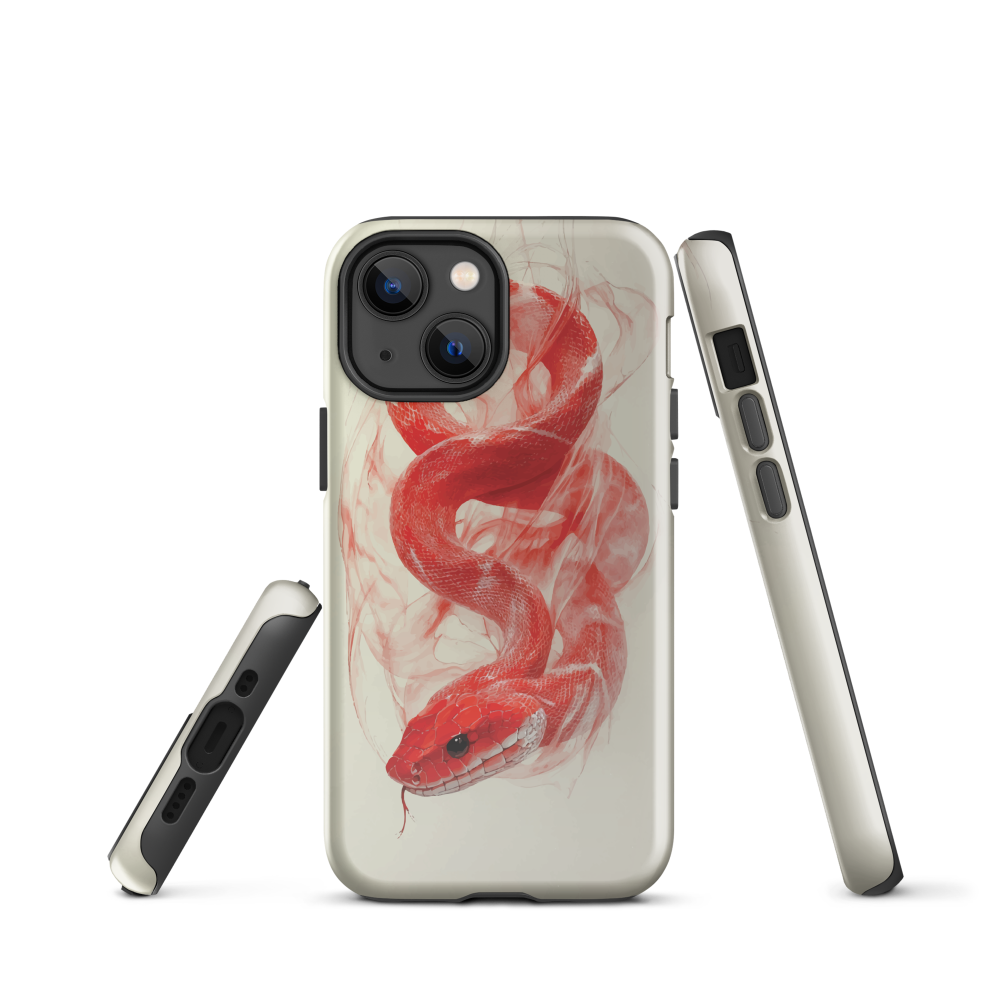 Phone case with red snake design on a cream background, coiled in smoky detail. Bold artwork by NZ designer Ben Hart.
