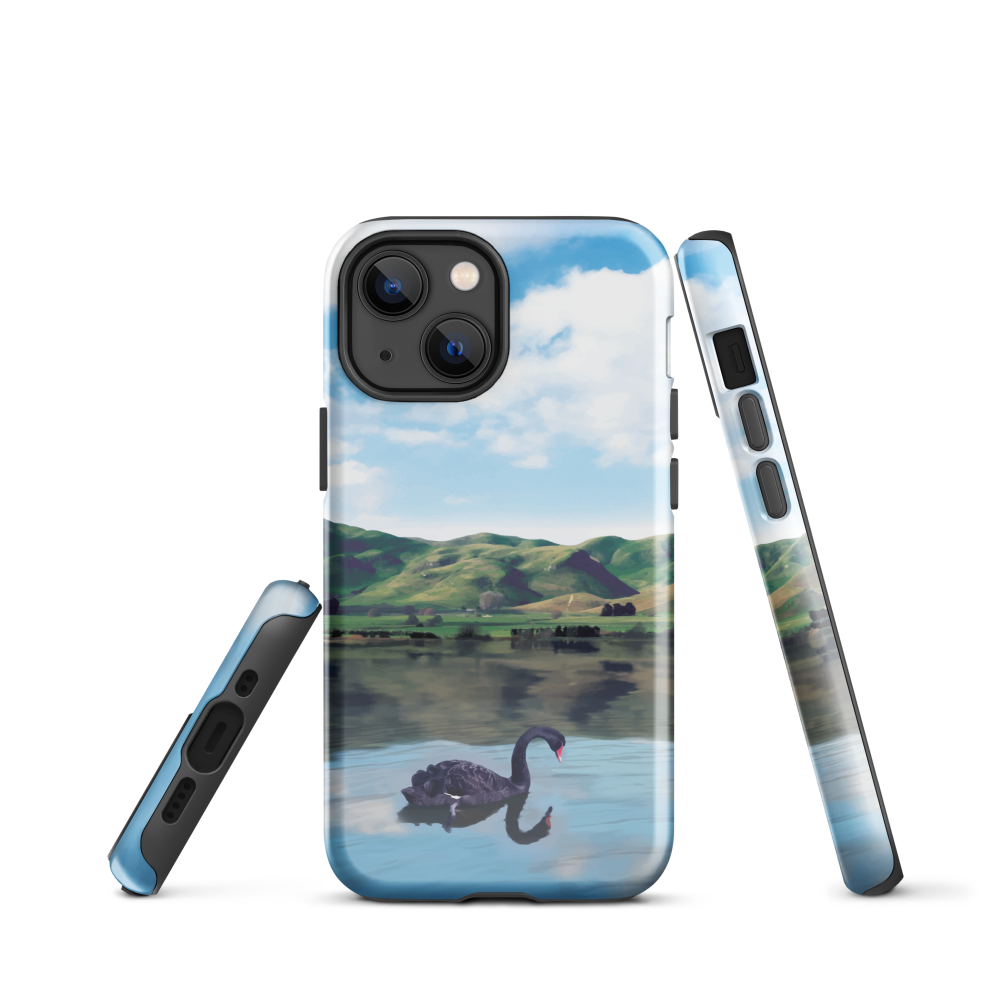Phone case with a black swan on a calm lake, New Zealand hills in the background. Art by NZ designer Ben Hart.