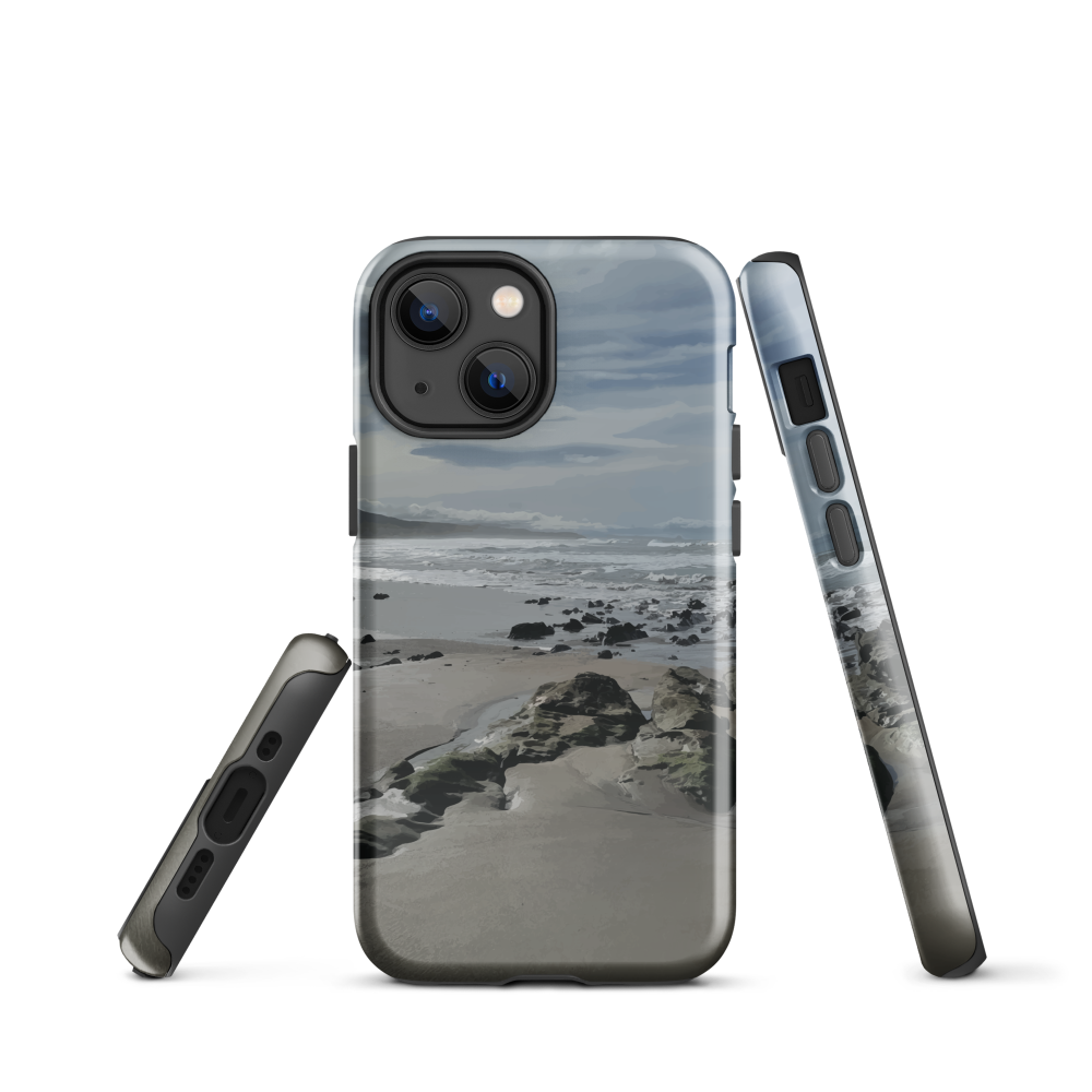 Phone case with artwork of Riversdale Beach, Masterton – rocks, waves and sky by NZ artist Ben Hart.