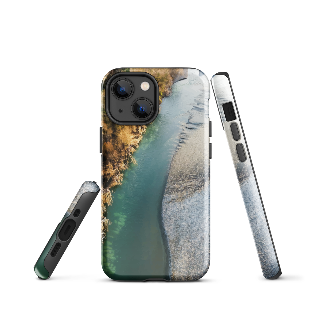 Phone case with aerial riverbend artwork and earthy tones, designed by New Zealand artist Ben Hart.