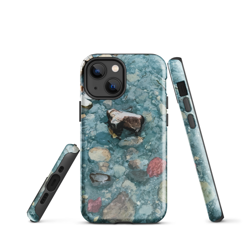 Washed Away designer phone case with abstract river stone artwork in earthy blues and natural tones.