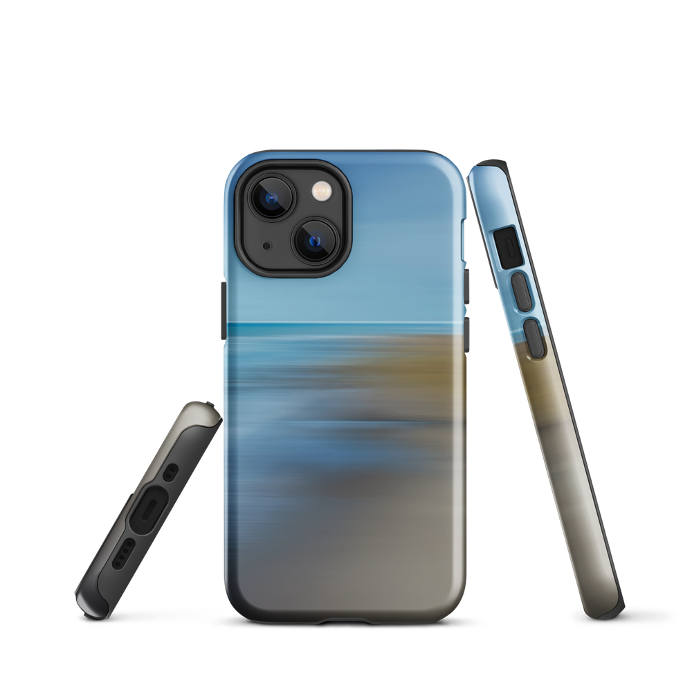 Ocean Breeze phone case with abstract blue and sandy tones inspired by sea and sky.