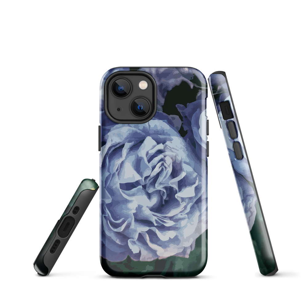 Designer phone case with a bold blue rose artwork and glossy finish.