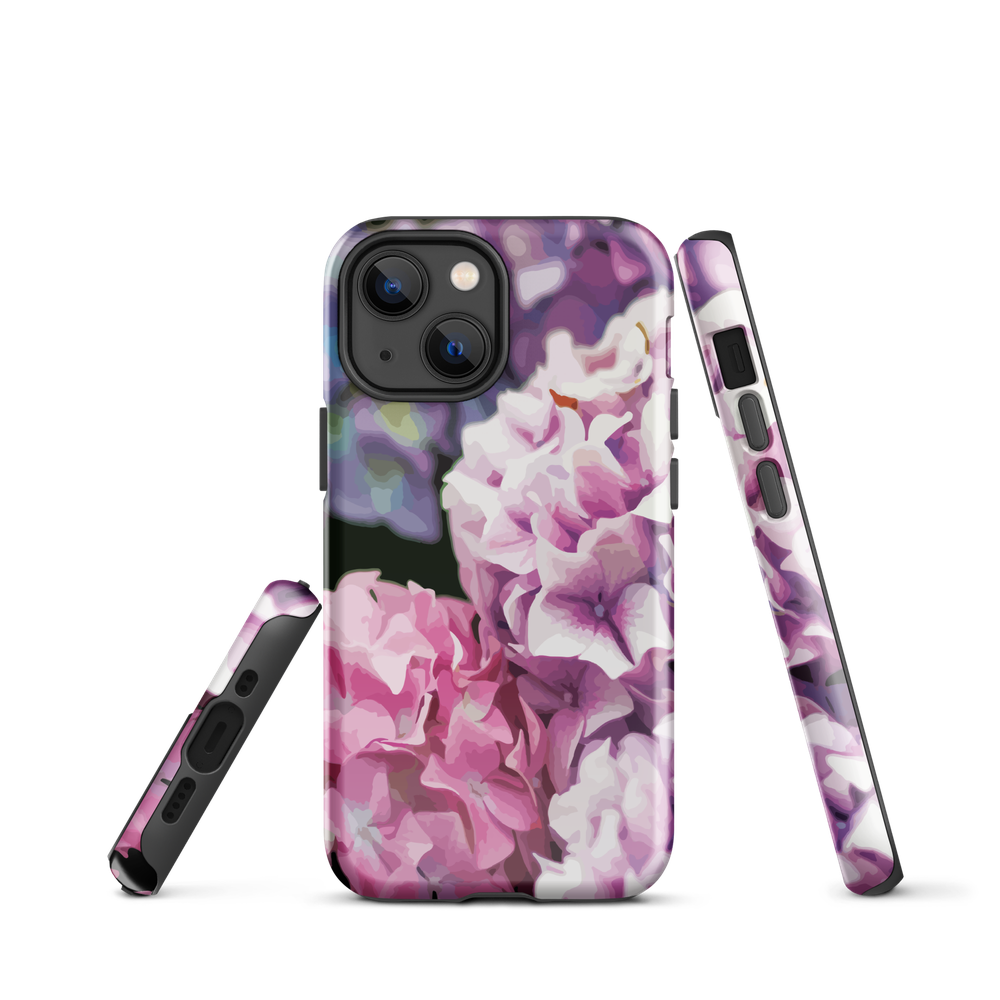 Designer phone case with pink and purple hydrangea floral artwork.