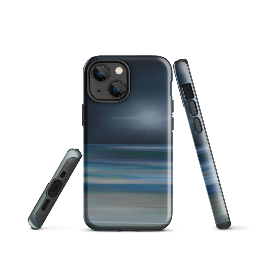 Dark abstract phone case with blue and grey streaks and glossy finish.