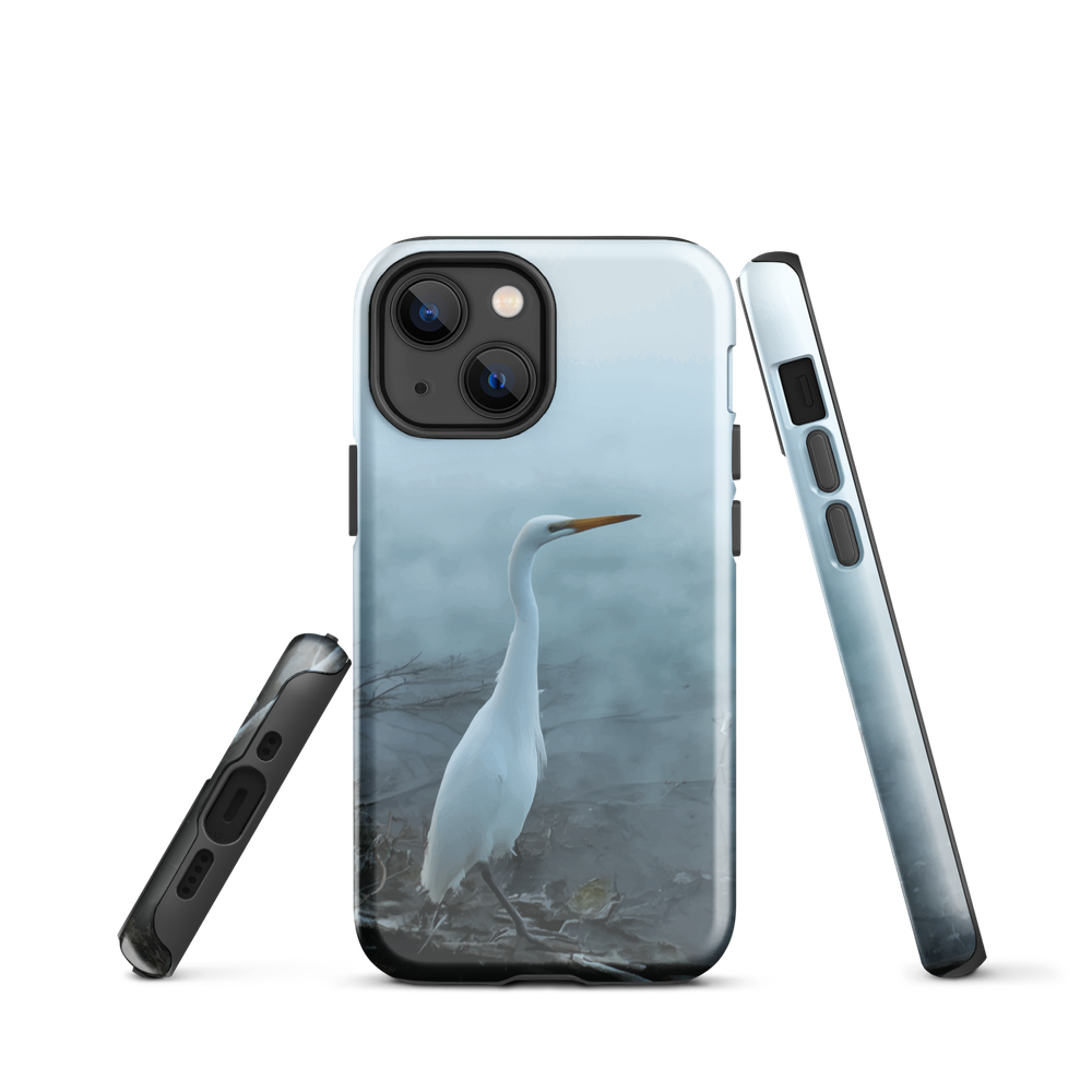 Phone case with a white heron standing in a misty wetland scene.