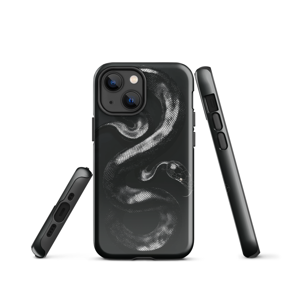 Phone case with detailed black python design on dark background.