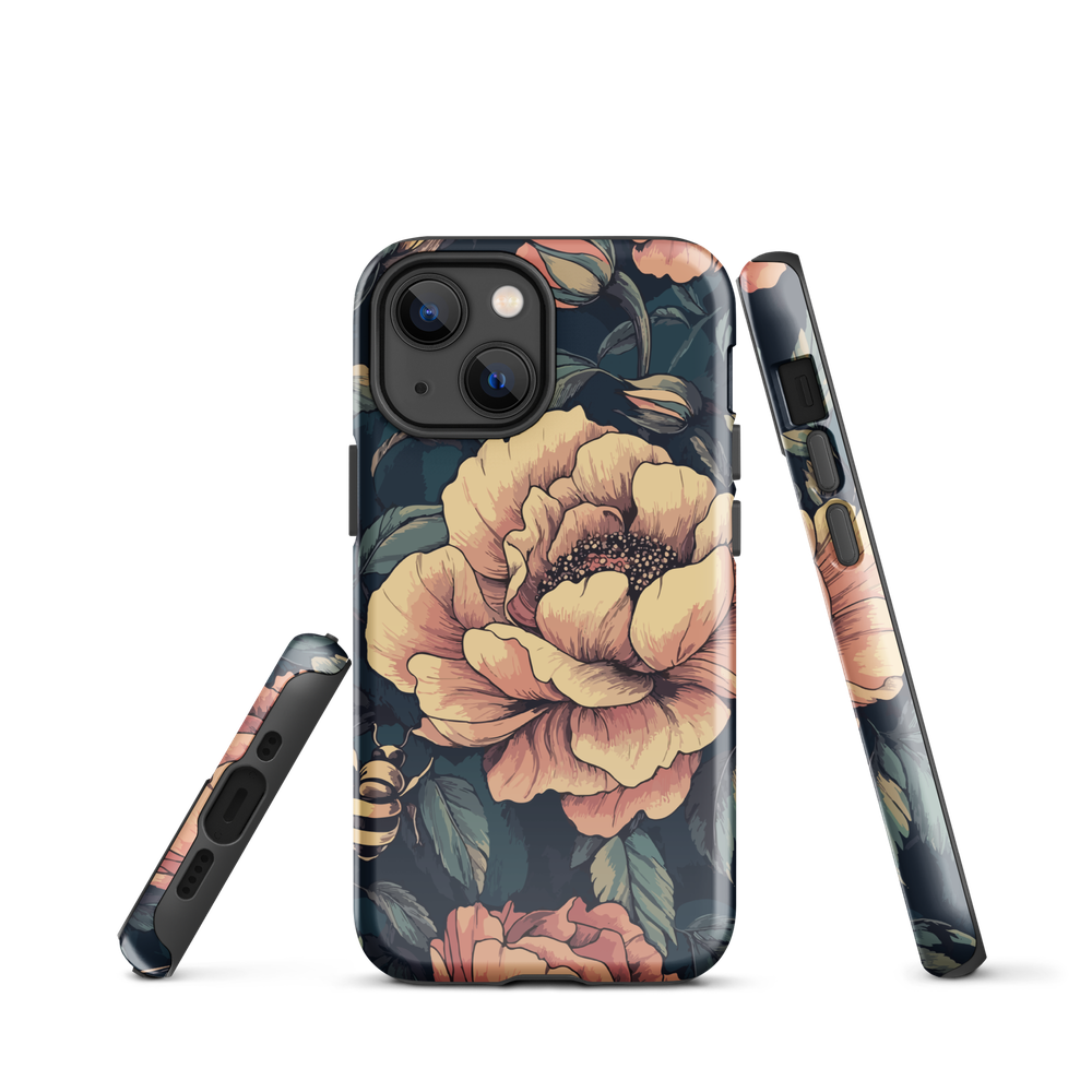 Phone case with vintage-style pink roses and bees on dark background, floral New Zealand artwork.