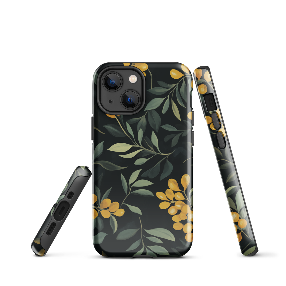 NZ Kowhai phone case with native yellow floral and green leaves on black background by designer Ben Hart.