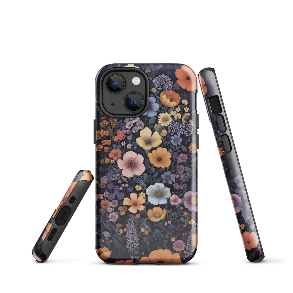 Phone case with colourful wildflowers on dark background, floral art design