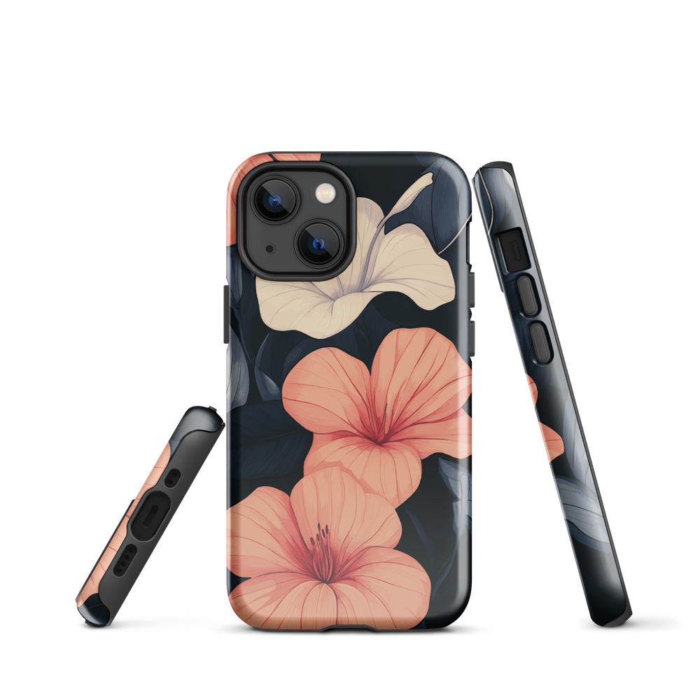 Phone case with coral hibiscus flowers and ivory blooms on dark background