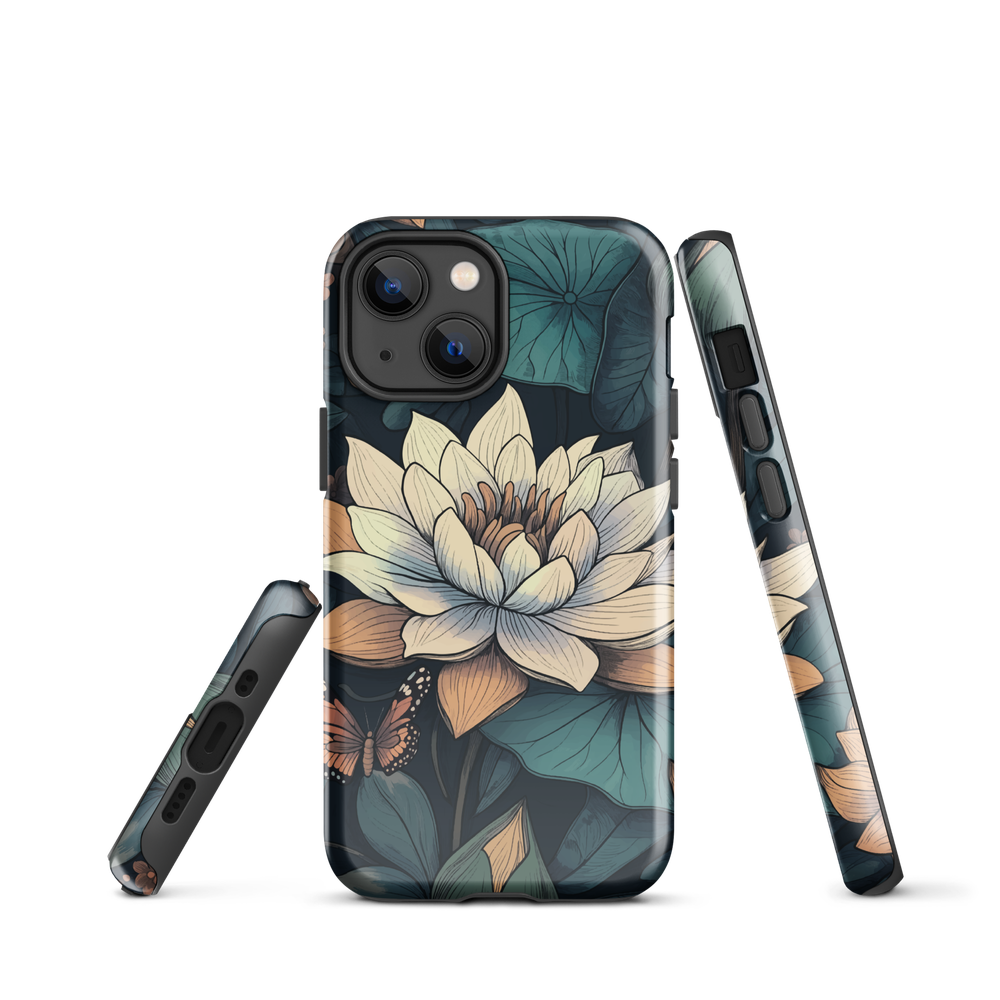 Phone case with ivory water lily, green leaves, and butterfly accents on dark background