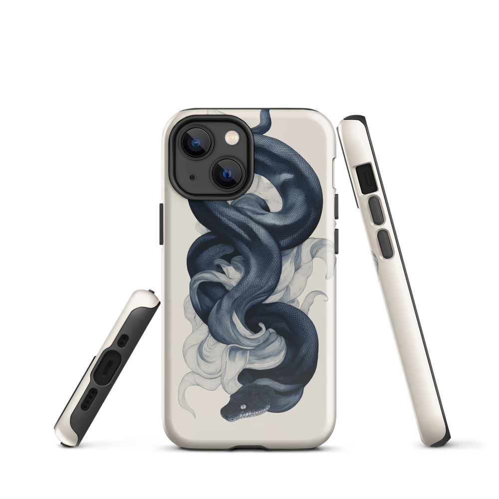 Phone case with black python and smoke design on cream background