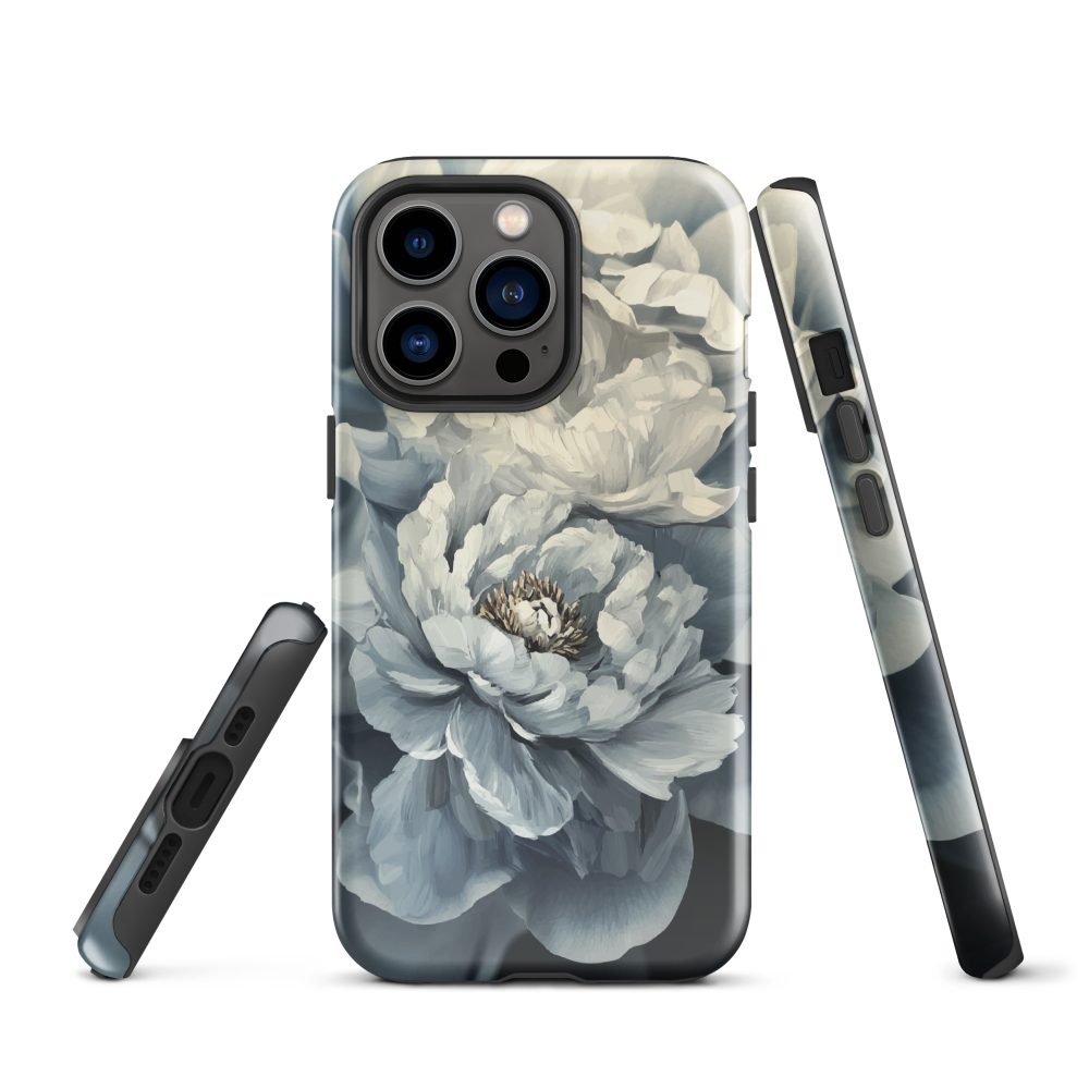 'Whisper' iPhone case features a stunning close-up of softly painted peony blooms in dreamy shades of ivory, grey, and smoky blue.