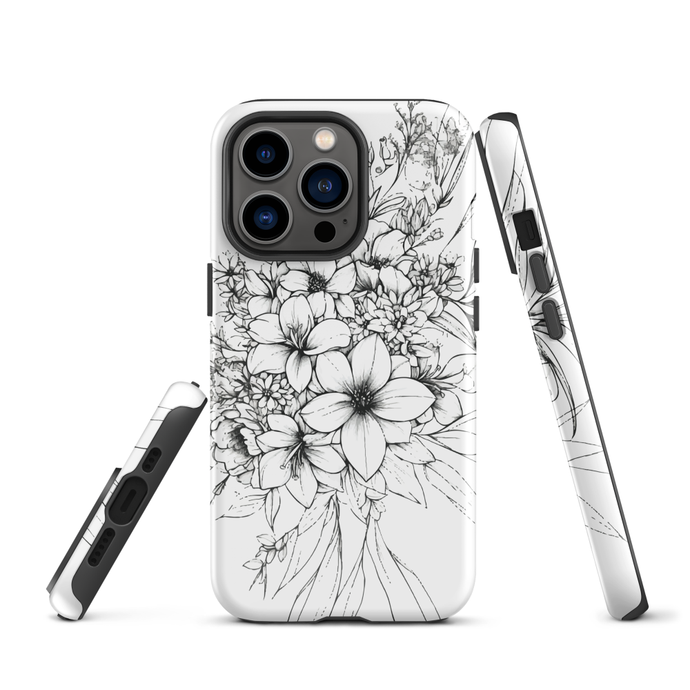 Black and white floral phone case with hand-drawn lilies and wildflowers