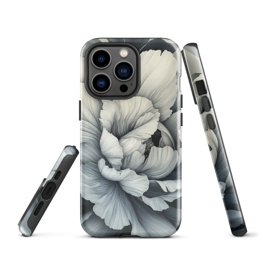 Black and white floral phone case featuring a soft, moody peony design by New Zealand artist Ben Hart.