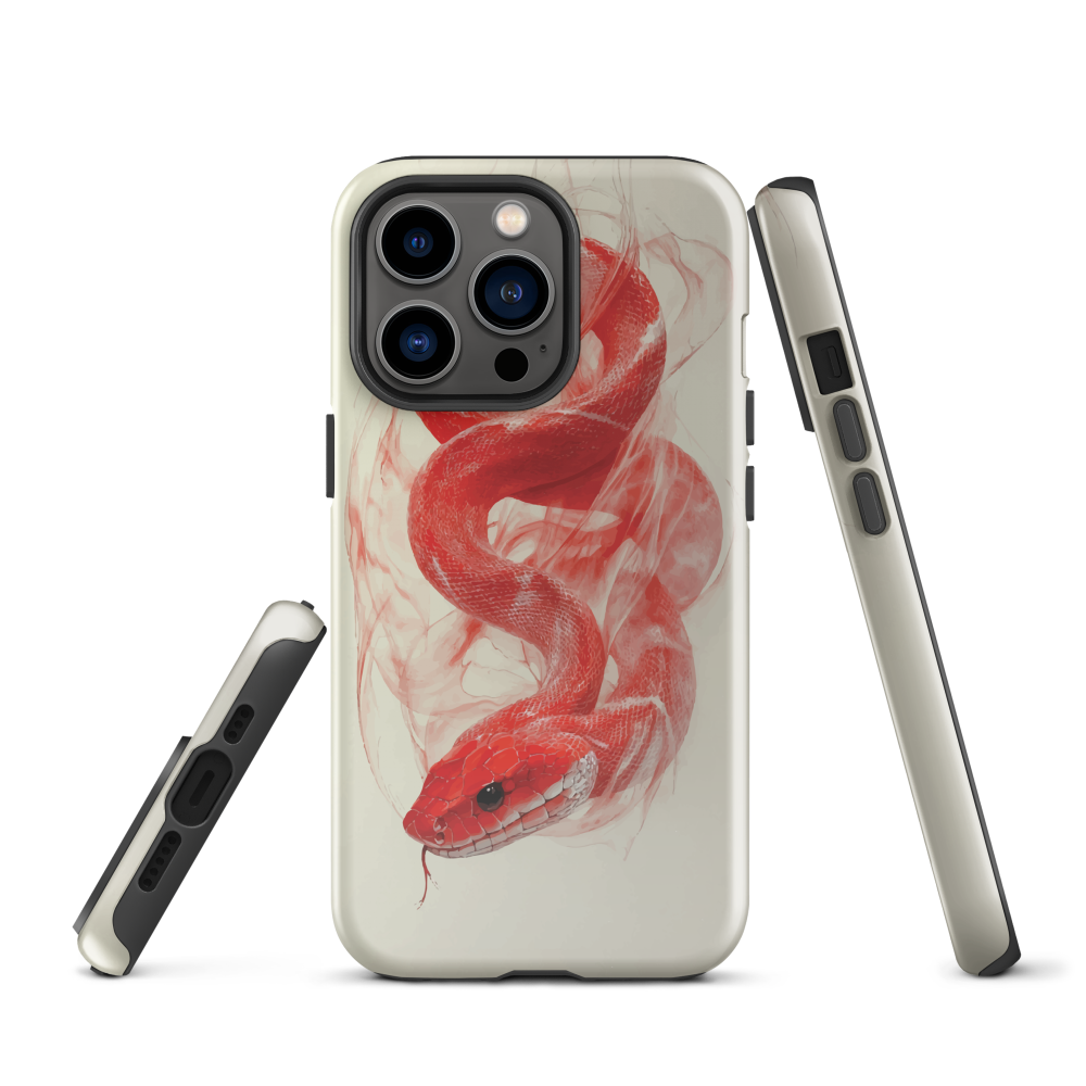 Phone case with red snake design on a cream background, coiled in smoky detail. Bold artwork by NZ designer Ben Hart.