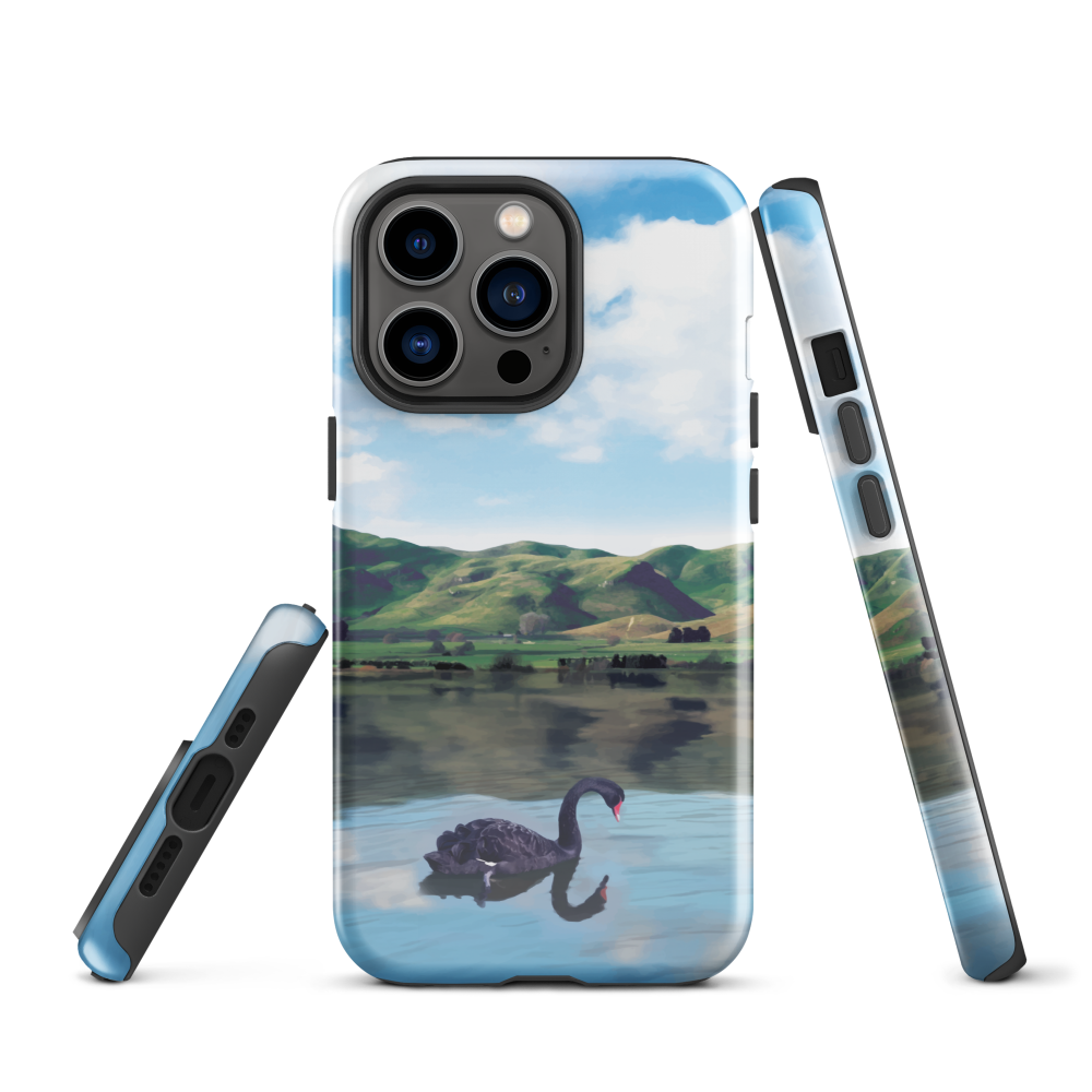 Phone case with a black swan on a calm lake, New Zealand hills in the background. Art by NZ designer Ben Hart.