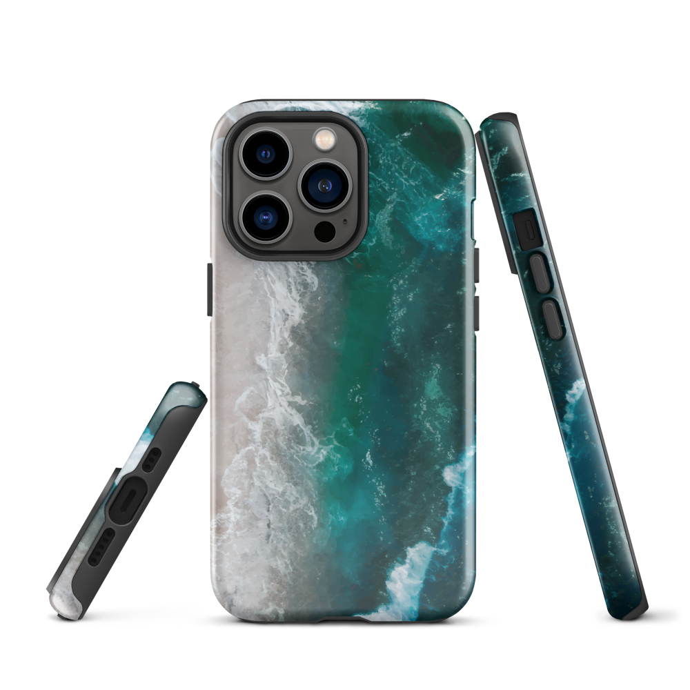 Ocean wave phone case with abstract beach design in teal and white, by NZ artist Ben Hart.