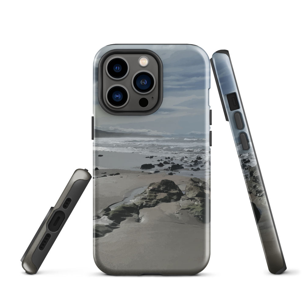 Phone case with artwork of Riversdale Beach, Masterton – rocks, waves and sky by NZ artist Ben Hart.