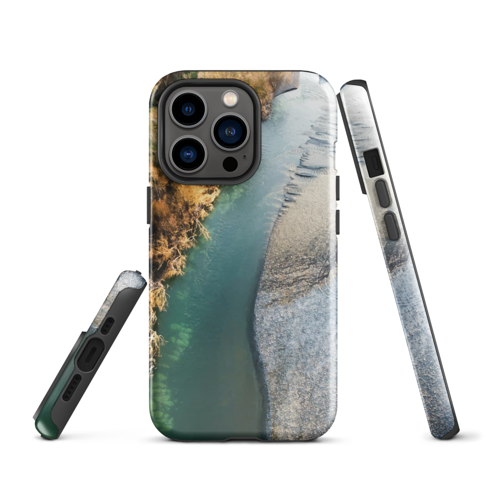 Phone case with aerial riverbend artwork and earthy tones, designed by New Zealand artist Ben Hart.