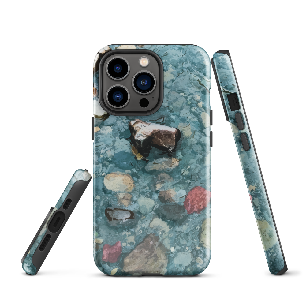 Washed Away designer phone case with abstract river stone artwork in earthy blues and natural tones.