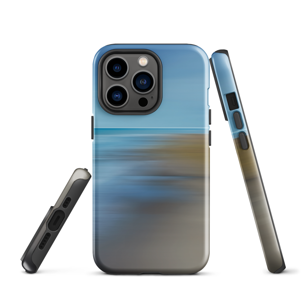 Ocean Breeze phone case with abstract blue and sandy tones inspired by sea and sky.