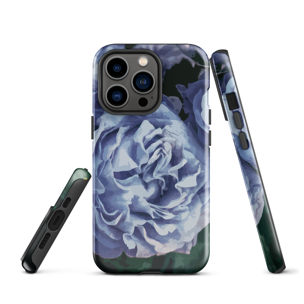 Designer phone case with a bold blue rose artwork and glossy finish.