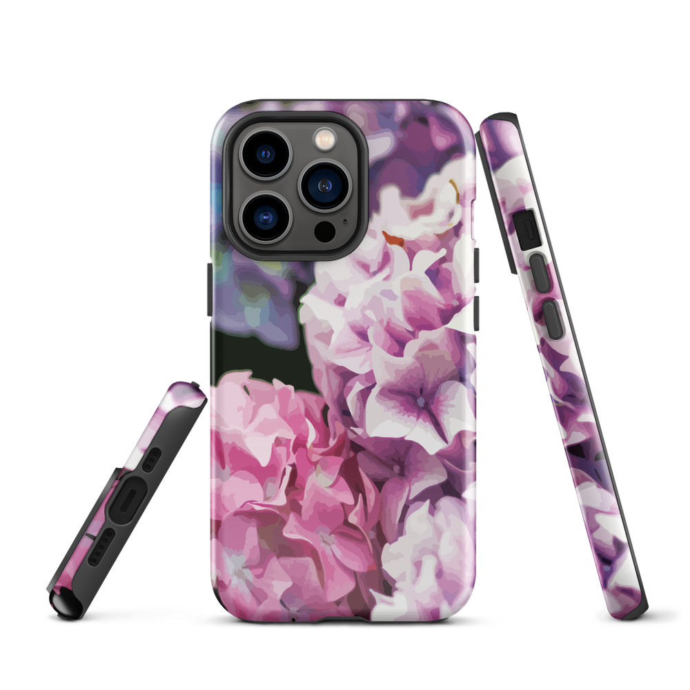 Designer phone case with pink and purple hydrangea floral artwork.