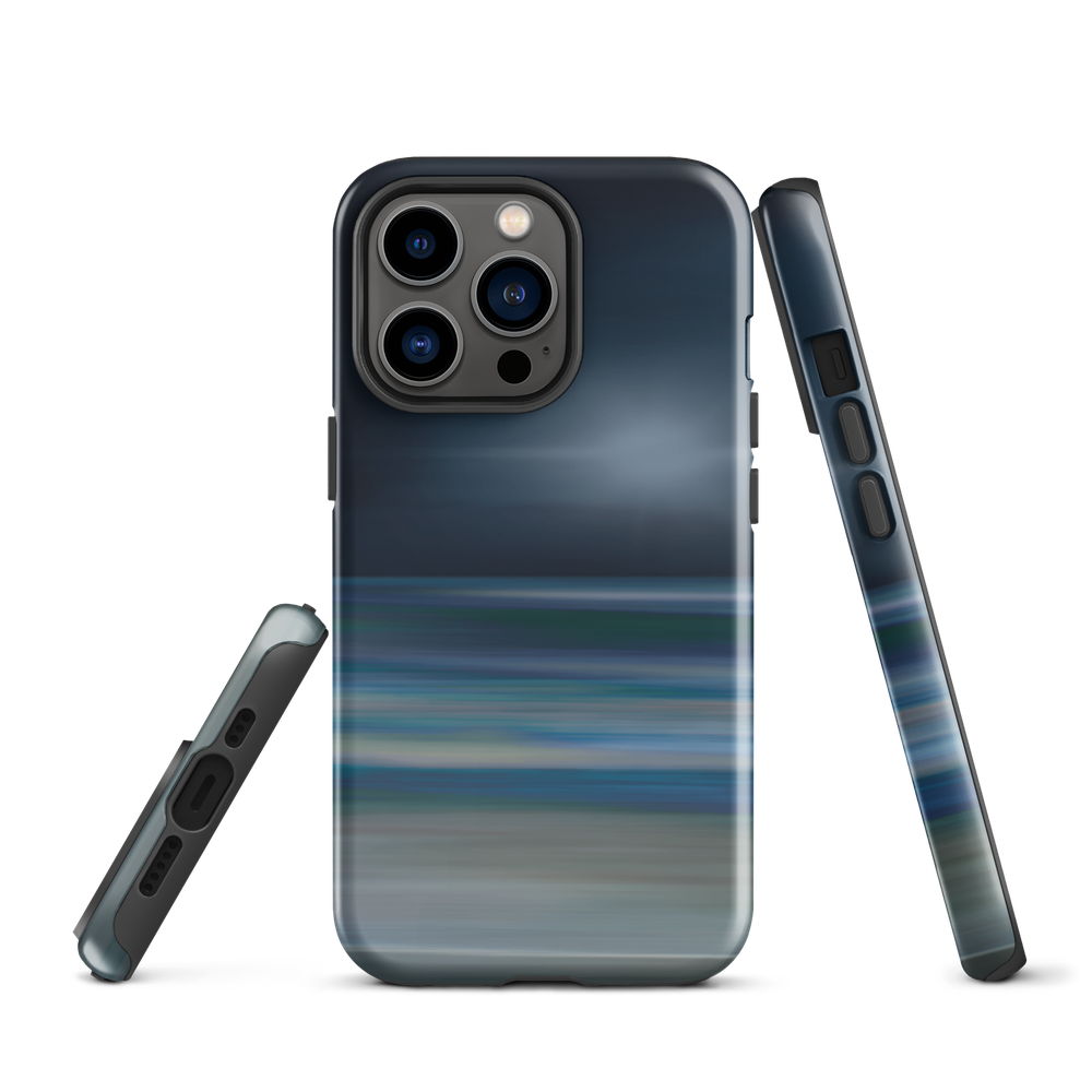 Dark abstract phone case with blue and grey streaks and glossy finish.