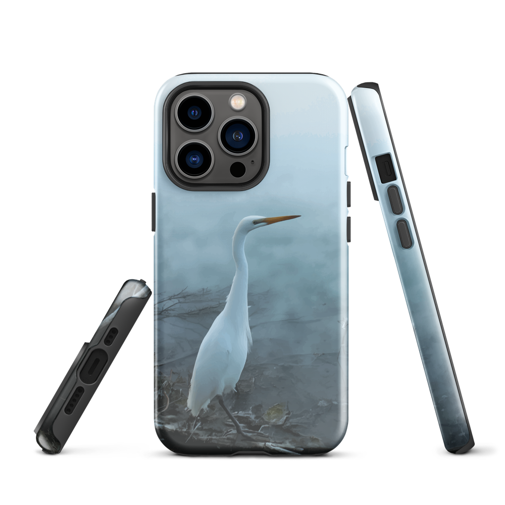 Phone case with a white heron standing in a misty wetland scene.