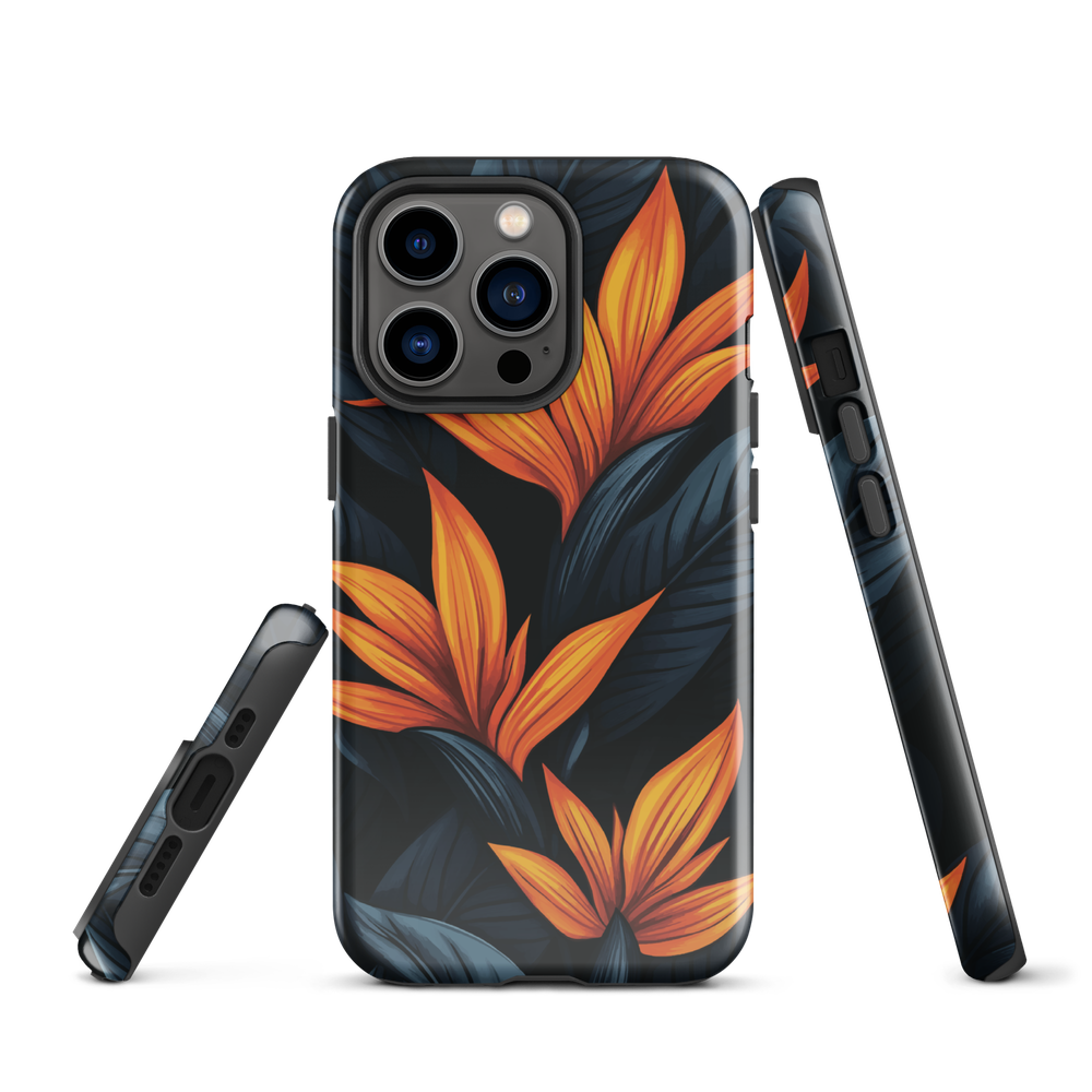 Phone case with bold orange bird of paradise flowers on dark background.