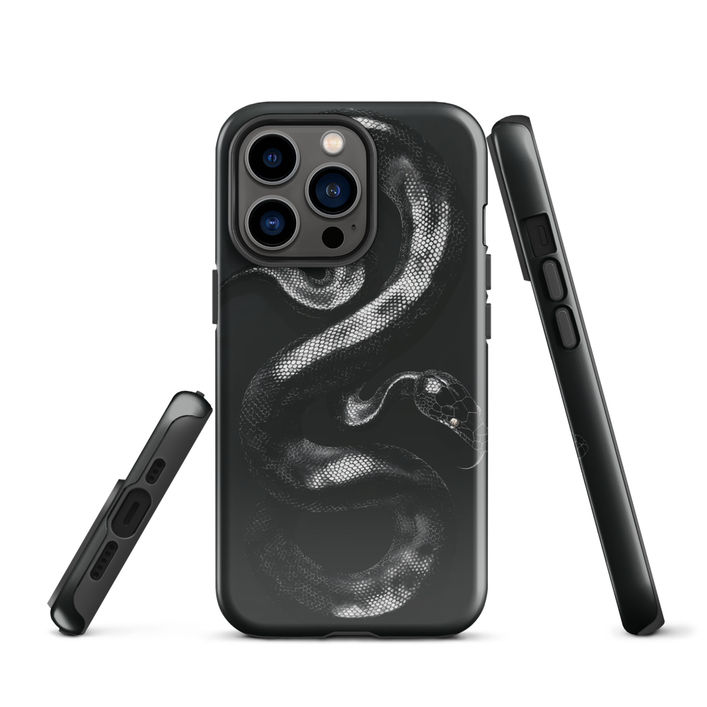 Phone case with detailed black python design on dark background.
