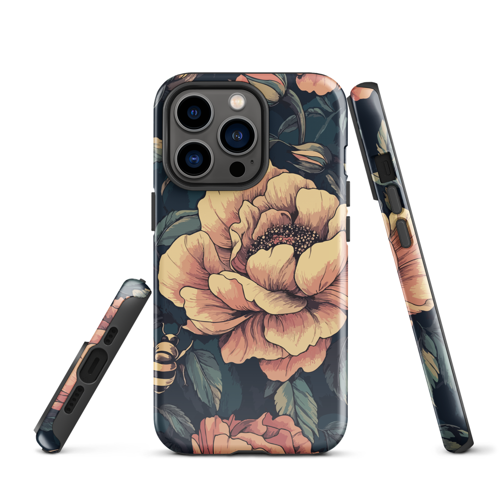 Phone case with vintage-style pink roses and bees on dark background, floral New Zealand artwork.