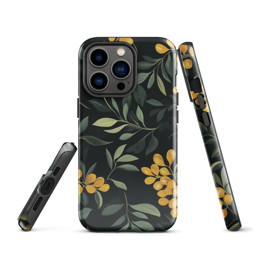 NZ Kowhai phone case with native yellow floral and green leaves on black background by designer Ben Hart.