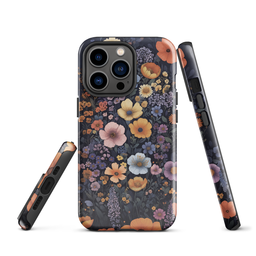 Phone case with colourful wildflowers on dark background, floral art design