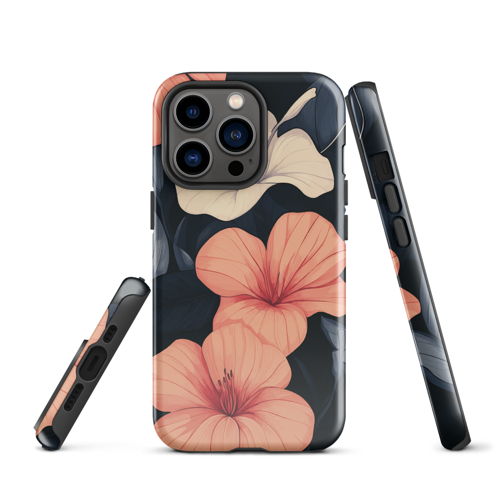 Phone case with coral hibiscus flowers and ivory blooms on dark background