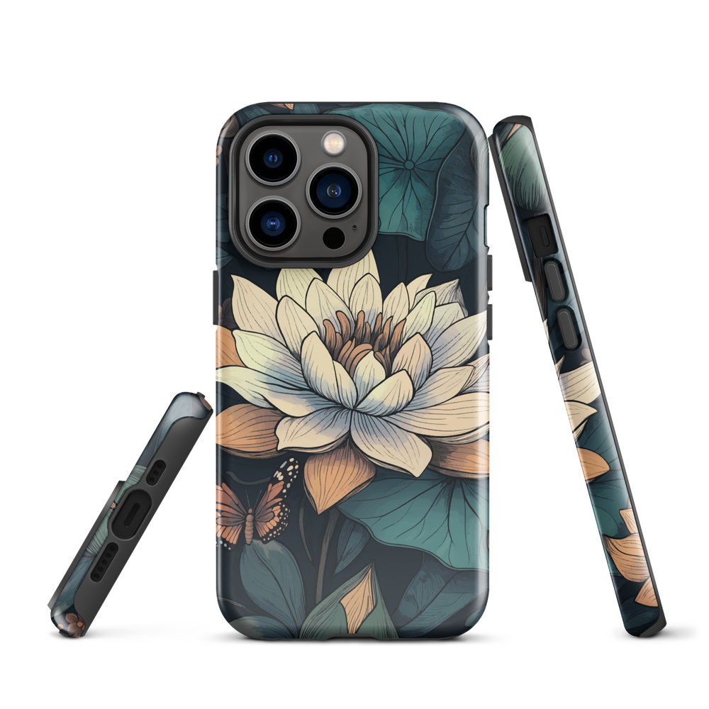 Phone case with ivory water lily, green leaves, and butterfly accents on dark background